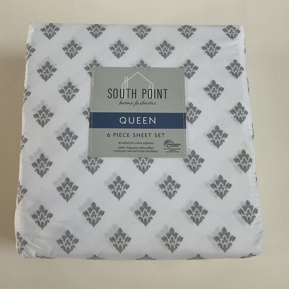 South Point Home Fashions Queen 6 Piece Sheet Set  Madallion White & Gray